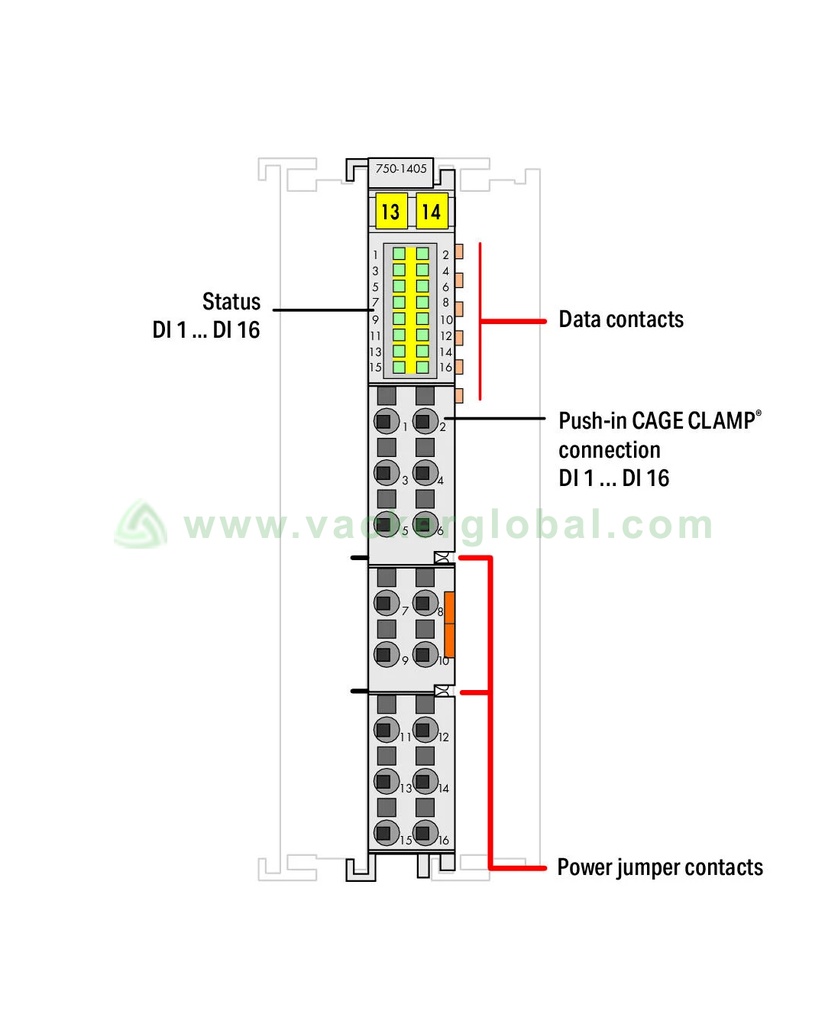 16-channel digital input; 24 VDC; 3 ms; light gray 750-1405