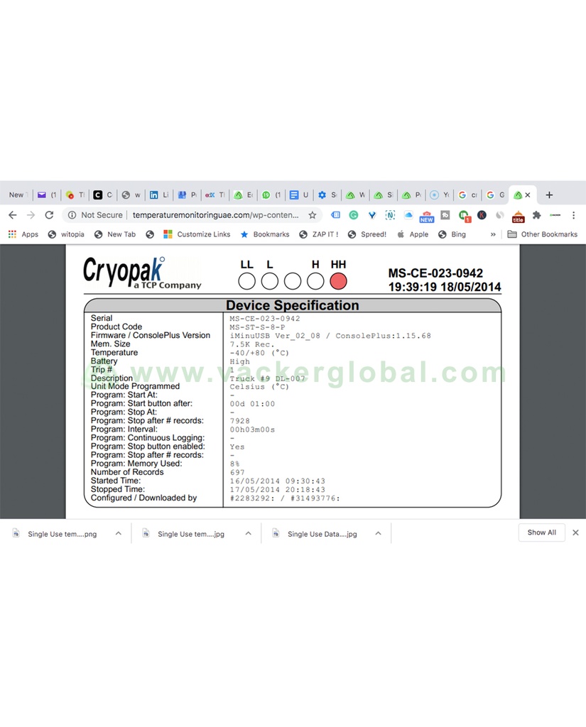 Single Use Datalogger Pharma Compliant MS-ST-S-8-P, with inbuilt calibration report